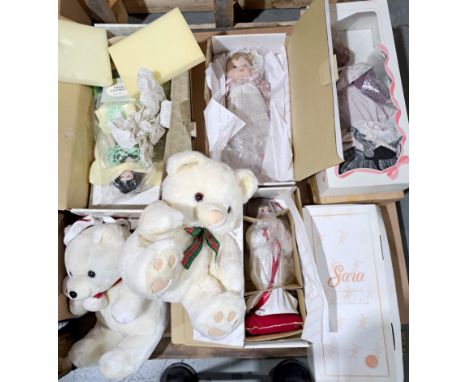 Modern boxed bisque dolls including: Franklin Heirloom dolls; plus two plush teddy bears; Good to Good Plus; (Qty). Please co