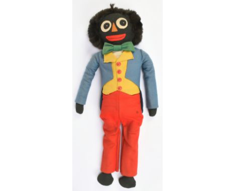 Felt and cotton vintage golly, cotton cloth body, felt applied features, coney fur wig, in Robertson's style clothing, some f