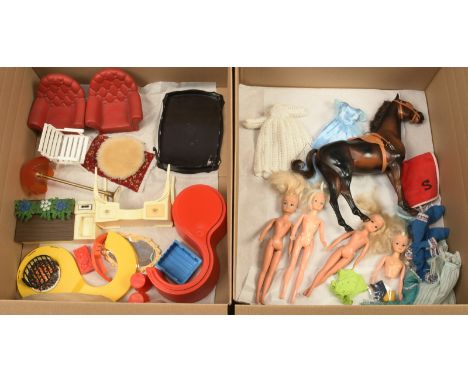 Pedigree Sindy and Hasbro vintage dolls, accessories and clothing, etc. Pair of Christmas trees, vintage, 1950s / 1960s, "For