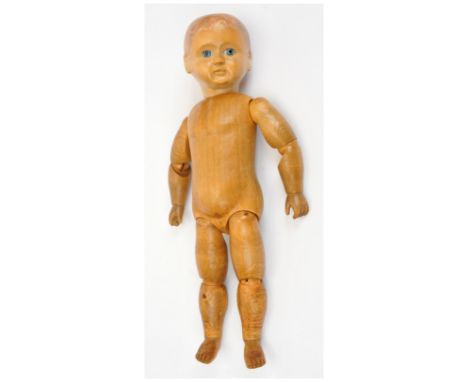 Wooden baby doll / mannequin, fixed blue glass eyes (accessed through a circular inspection point at top of head), applied ge