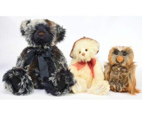 Charlie Bears plush trio: (1) Wanda owlet, CB175188, swing label, 8"/20cm; (2) Miss Daisy teddy bear, CB206000O, LE 103/3000,