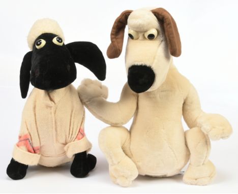 Merrythought vintage Gromit and Sean the Sheep plush characters (from Wallace and Gromit), both with black and gold cloth lab