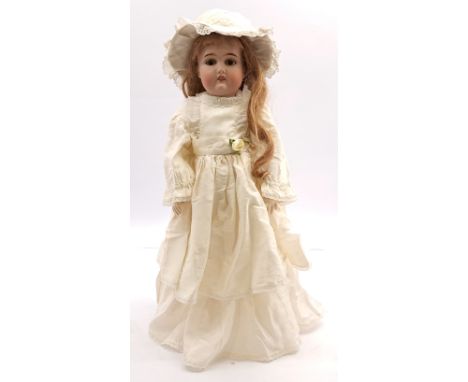 Gebruder Kuhnlenz bisque doll, German, c1900, impressed 27 Gbr 165 K 3, weighted brown eyes, mohair lashes, open mouth, brune