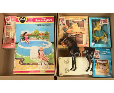Pedigree Sindy accessories, many are boxed, includes: (1) Swimming Pool; (2) Fridge; (3) Lighting Pack; (4) Camping Adventure