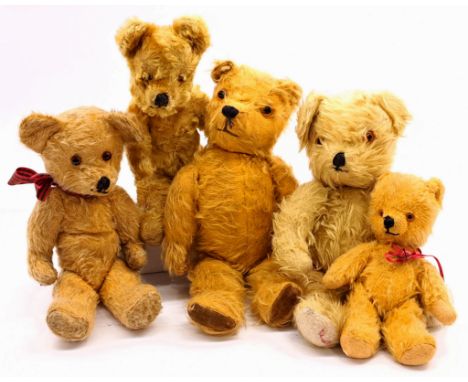 Vintage British teddy bear group includes: Twyford/Farnell, Pedigree and others; mix of mohair and plush; thinning to the moh