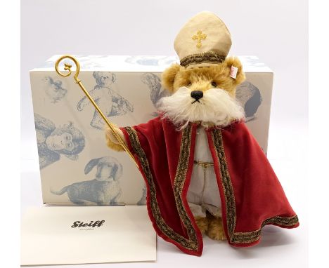 Steiff St. Nicholas Musical Teddy Bear, White Tag 037122, ,Mohair, Wind-up Musical Mechanism Playing "Adeste Fideles" (untest