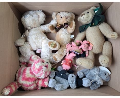 Teddy Bear group including: Merrythought bear, LE 45/100, mohair, 13"/33cm; Twinnings teddy bear pair; Bagpuss; plus others; 