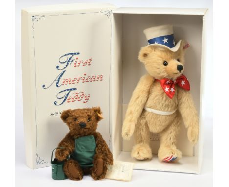 Steiff pair of teddy bears, including: (1) Steiff First American Teddy, white tag 667183, exclusive to North America, mohair,