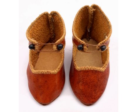 Depose (Paris) leather doll shoes, stamped on base "Paris Depose" with bee symbol, one is size 9 thee other is size 10, with 