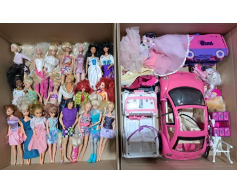 Mattel Barbies and accessories group including: Group of lose Barbie dolls, Barbie cars, Disney dolls, plus others, Good; (Qt