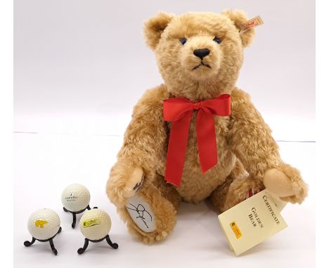Steiff Jack Nicklaus Teddy Bear, White Tag 665943, LE 256/2000, Mohair, With 3 Golf Balls, Signature On Right Paw Pad, With S