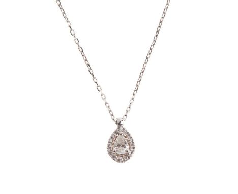COLLANA in oro bianco 18 KT con ciondolo a forma di goccia con diamanti taglio brillante ct. 0,30 peso di stima, J color SI2 