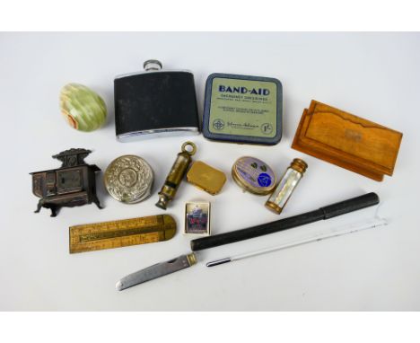 Lot to include hip flask, Acme City Whistle, smoker's tool, thermometer and similar. [W]