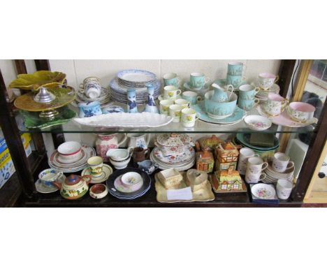 Large collection of china over 2 shelves to include Masons, Royal Worcester etc