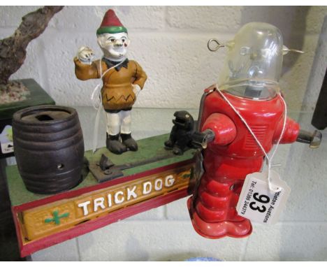 Metal trick dog money box & vintage toy robot