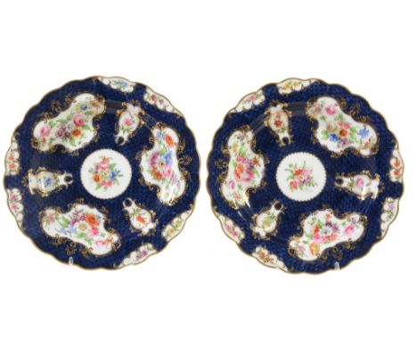 A pair of Royal Worcester blue-scale-ground plates signed by E  A pair of Royal Worcester blue-scale-ground plates signed by 