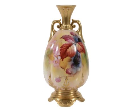 A Royal Worcester quatrefoil section two-handled ovoid vase signed by K  A Royal Worcester quatrefoil section two-handled ovo