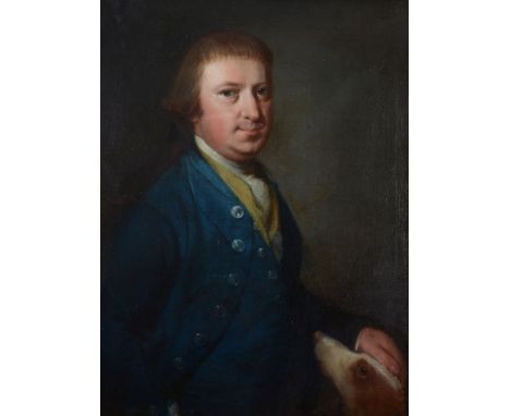 English School (18th Century) - Portrait of a gentleman in a blue jacket and wastcoat, with a dog Oil on canvas 75 x 56 cm. (