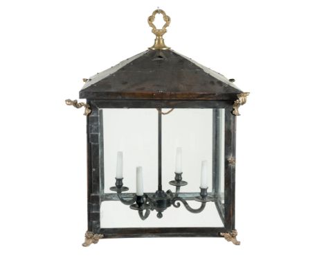 A large copper, gilt metal mounted and glazed lantern, 20th century  A large copper, gilt metal mounted and glazed lantern,  