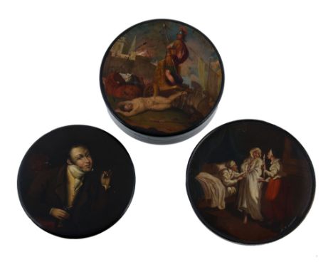 A German lacquered and painted papier mache snuff box, possibly Stobwasser  A German lacquered and painted   papier mache   s