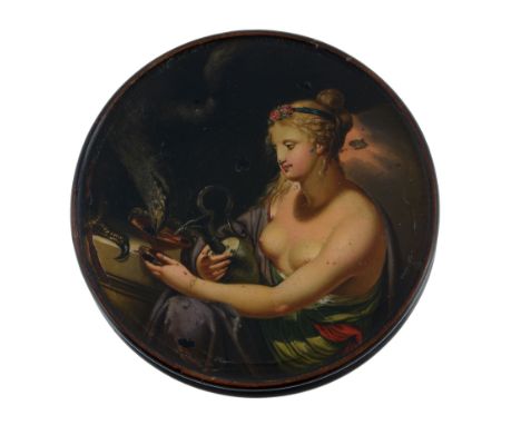 A fine German lacquered and painted papier mache circular snuff box  A fine German lacquered and painted   papier mache   cir