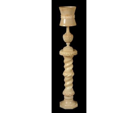 An Italian carved alabaster table lamp and pedestal, early 20th century  An Italian carved alabaster table lamp and pedestal,