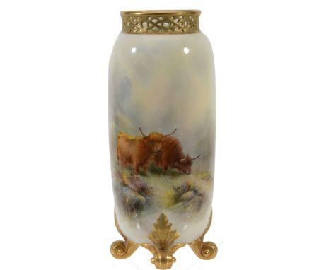 A Royal Worcester slender ovoid vase signed by H Stinton , date code for 1919  A Royal Worcester slender ovoid vase signed by