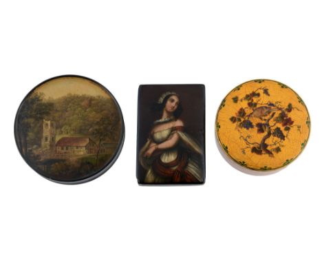 A German lacquered and painted papier mache snuff box, possibly by Stobwasser  A German lacquered and painted   papier mache 