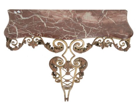A Continental wrought iron and marble mounted console table  A Continental wrought iron and marble mounted console table,   i