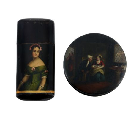 A German lacquered and painted papier mache snuff box, possibly Stobwasser  A German lacquered and painted   papier mache   s