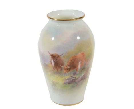 A Royal Worcester slender ovoid vase painted with Highland cattle and signed...  A Royal Worcester slender ovoid vase painted