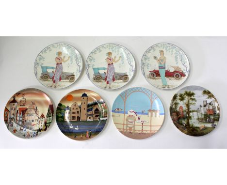A SMALL SELECTION OF MID 20TH CENTURY POOLE POTTERY PLATES to include Scene 3, Scene 7, 160 Lady with Car, 447 Art Deco Summe