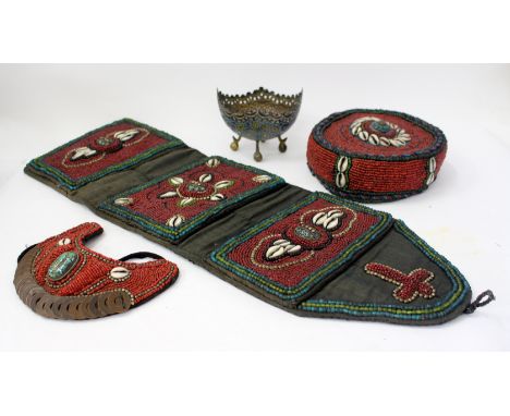 A 20TH CENTURY CONTINENTAL ENAMEL VESSEL and a selection of Eastern bead and shell work hangings