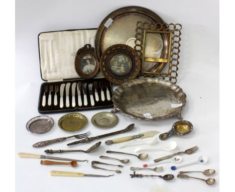 A SMALL QUANTITY OF SILVER AND SILVER PLATED CUTLERY two plated salvers, a portrait miniature of a lady in a bonnet, and furt