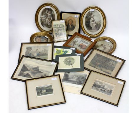 A GROUP OF 19TH CENTURY AND LATER PRINTS to include two after Ogbourne together with a small oval 19th Century watercolour po