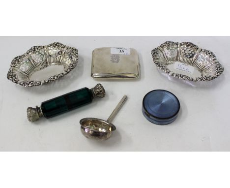 A SILVER CIGARETTE CASE with marks for Walker & Hall together with a pair of pierced pressed silver bon bon dishes, a Georgia