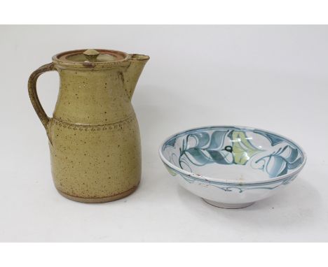 A TIN GLAZED STUDIO POTTERY BOWL, 21cm diameter together with a Richard Batterham ash glazed coffee pot and cover, 21cm high 