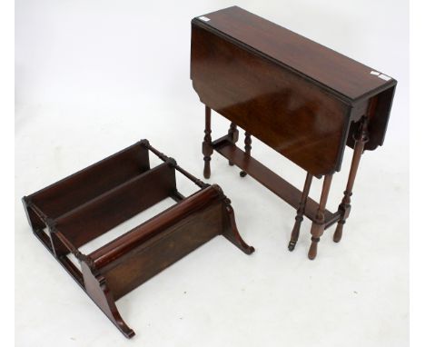 A MAHOGANY SUTHERLAND TABLE 68.5cm wide together with a small mahogany hanging wall shelf with moulded drawer, 53cm wide x 67