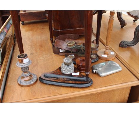 A VICTORIAN BURR WALNUT PEN OR DESK STAND with cut glass inkwell, a set of balance scales, embossed copper candlestick with l