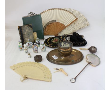 A POLYCHROME PAINTED TABLE LAMP BASE a white metal .925 photo frame, a Regency style inkwell and stand, a vintage ladies even