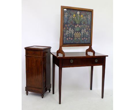 AN EDWARDIAN TAPESTRY FIRE SCREEN a mahogany side table and a 19th century pot cupboard with shallow galleried top standing o