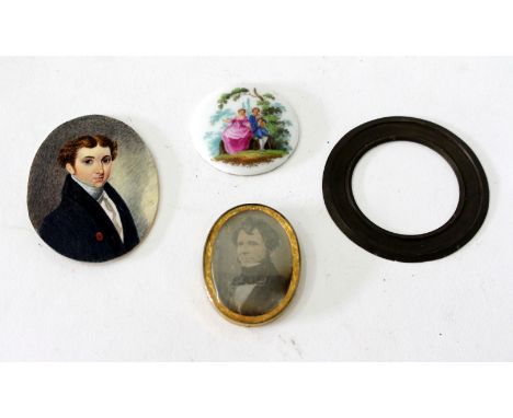 A 19TH CENTURY MINIATURE PAINTED ON IVORY depicting a gentleman, unsigned, 4.5cm wide x 6cm high (oval) together with a 19th 