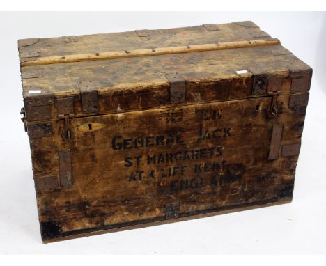 A FRUITWOOD LEAD LINED AND IRON BOUND TRUNK 99cm x 59cm x 55cm