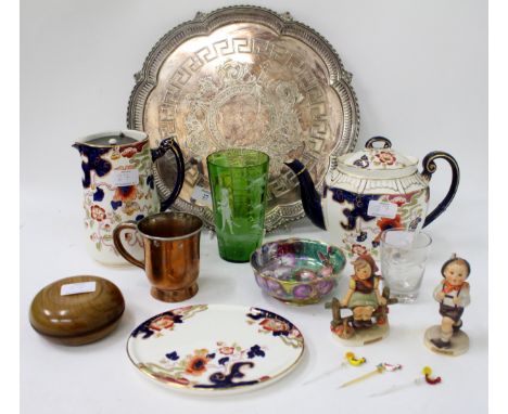 AN ANTIQUE SILVER PLATED SALVER together with a Victorian silver plated half pint tankard from the Granby Inn, Mary Gregory s