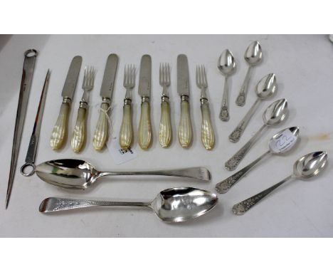 A SET OF SIX CONTINENTAL WHITE METAL COFFEE SPOONS stamped sterling, together with two Georgian table spoons, a group of silv