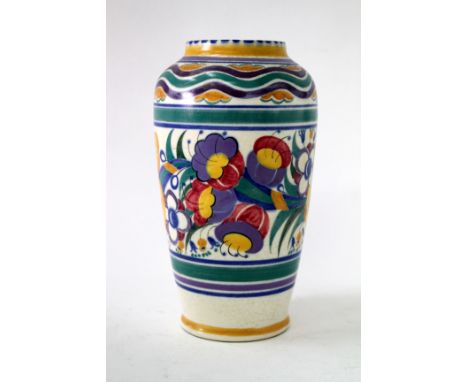 A 1930'S POOLE POTTERY VASE by Ruth Paveley, decorated with stylised flowers within coloured bands, shape number 596, stamped