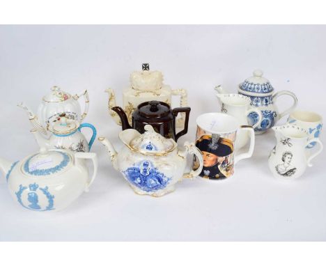 Group of commemorative tea pots for Queen Victoria and others including a Foley example, a Wedgwood example and a Goss teapot