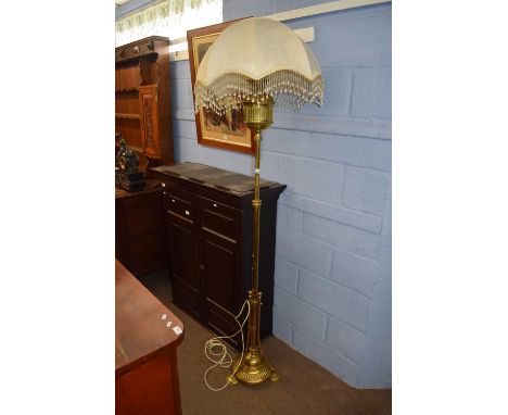 Victorian brass standard oil lamp with electrical conversion and fabric shade, 195cm high
