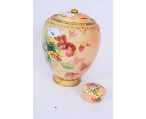 Royal Worcester vase and a cover, the blush ground painted with flowers, together with a similar Royal Worcester small box an