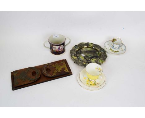 Mixed ceramics including a lustre ware mug, an early 19th century Spode coffee can and saucer, the saucer with painted floral